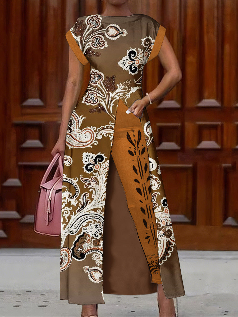 Retro Boho Floral Art Print Vintage Long Split Shirts Dress Skinny Pants Two-Piece Set